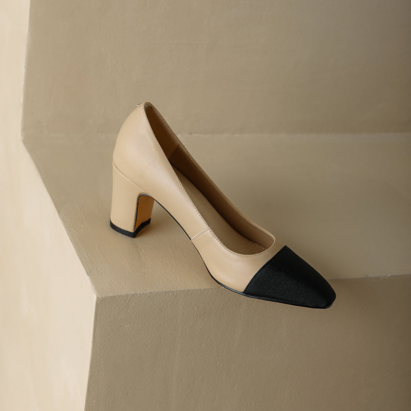 Women's Elegant Leather Office Patchwork Block Heel Pump