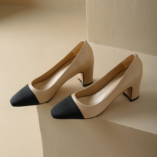 Women's Elegant Leather Office Patchwork Block Heel Pump