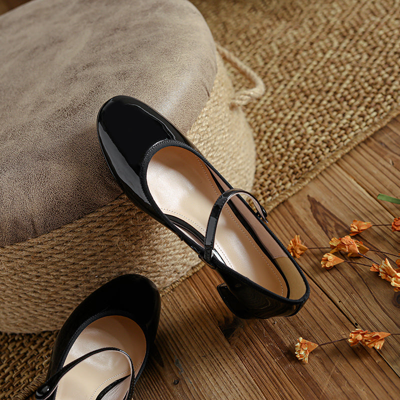Women's Patent Mary Janes - Low Block Heel Elegant Round-Toe Summer Pumps