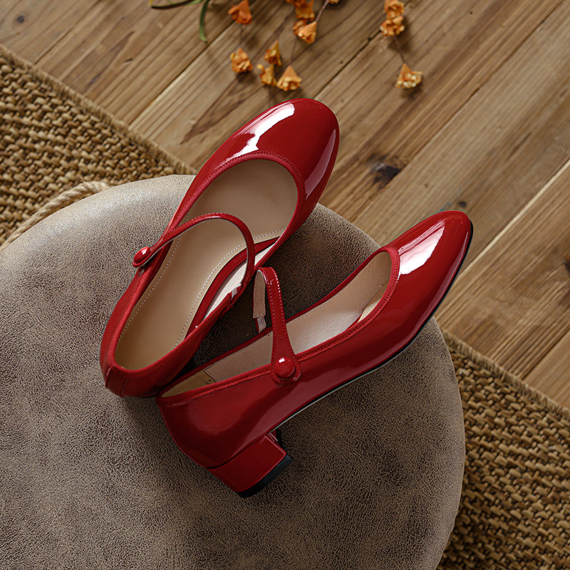 Women's Patent Mary Janes - Low Block Heel Elegant Round-Toe Summer Pumps