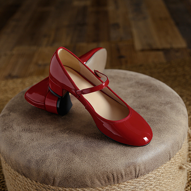 Women's Patent Mary Janes - Low Block Heel Elegant Round-Toe Summer Pumps