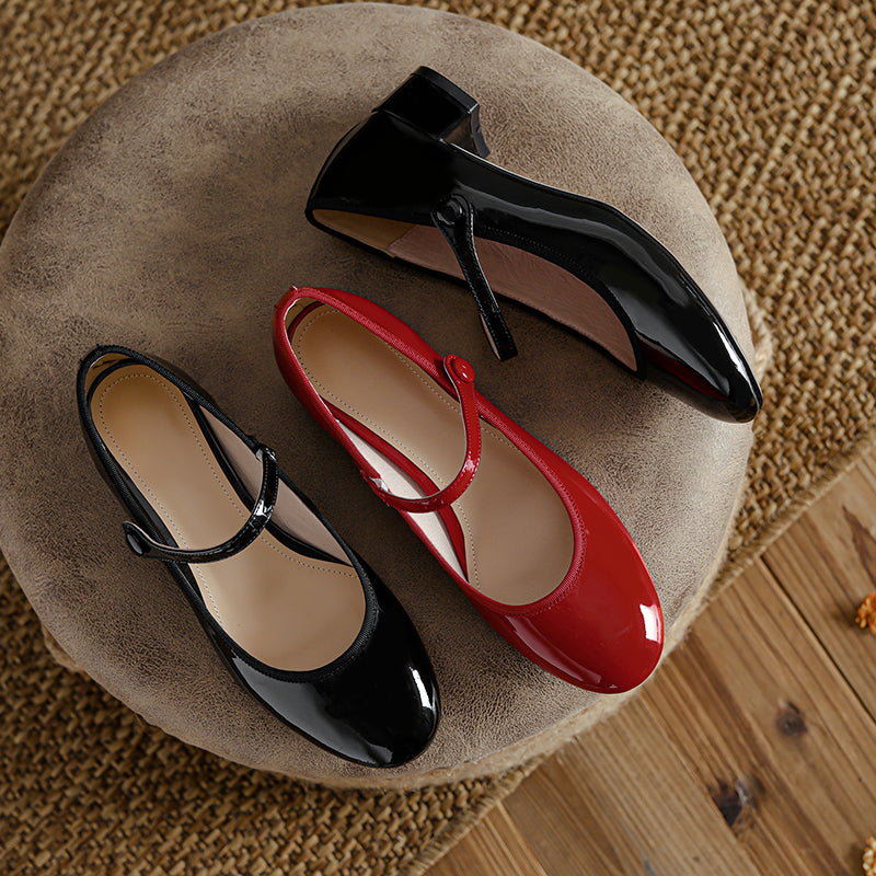 Women's Patent Mary Janes - Low Block Heel Elegant Round-Toe Summer Pumps