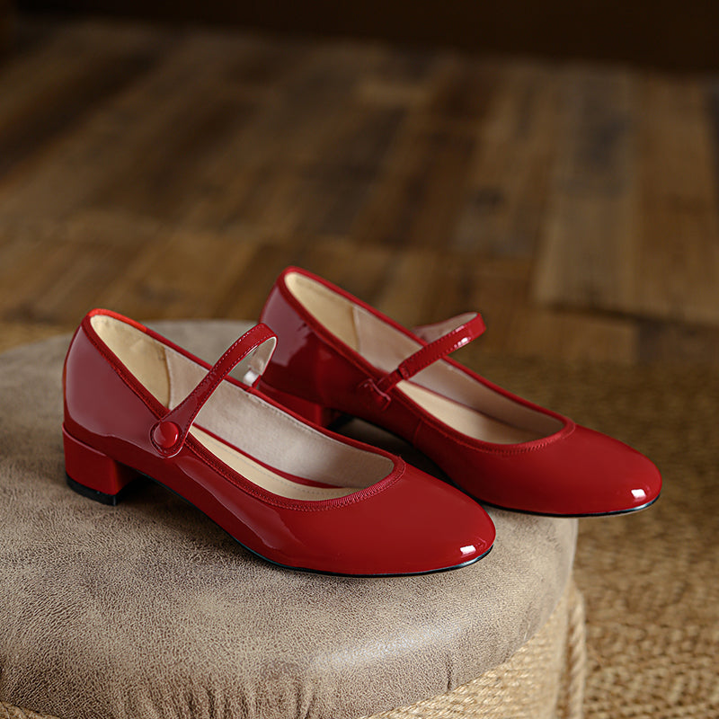 Women's Patent Mary Janes - Low Block Heel Elegant Round-Toe Summer Pumps