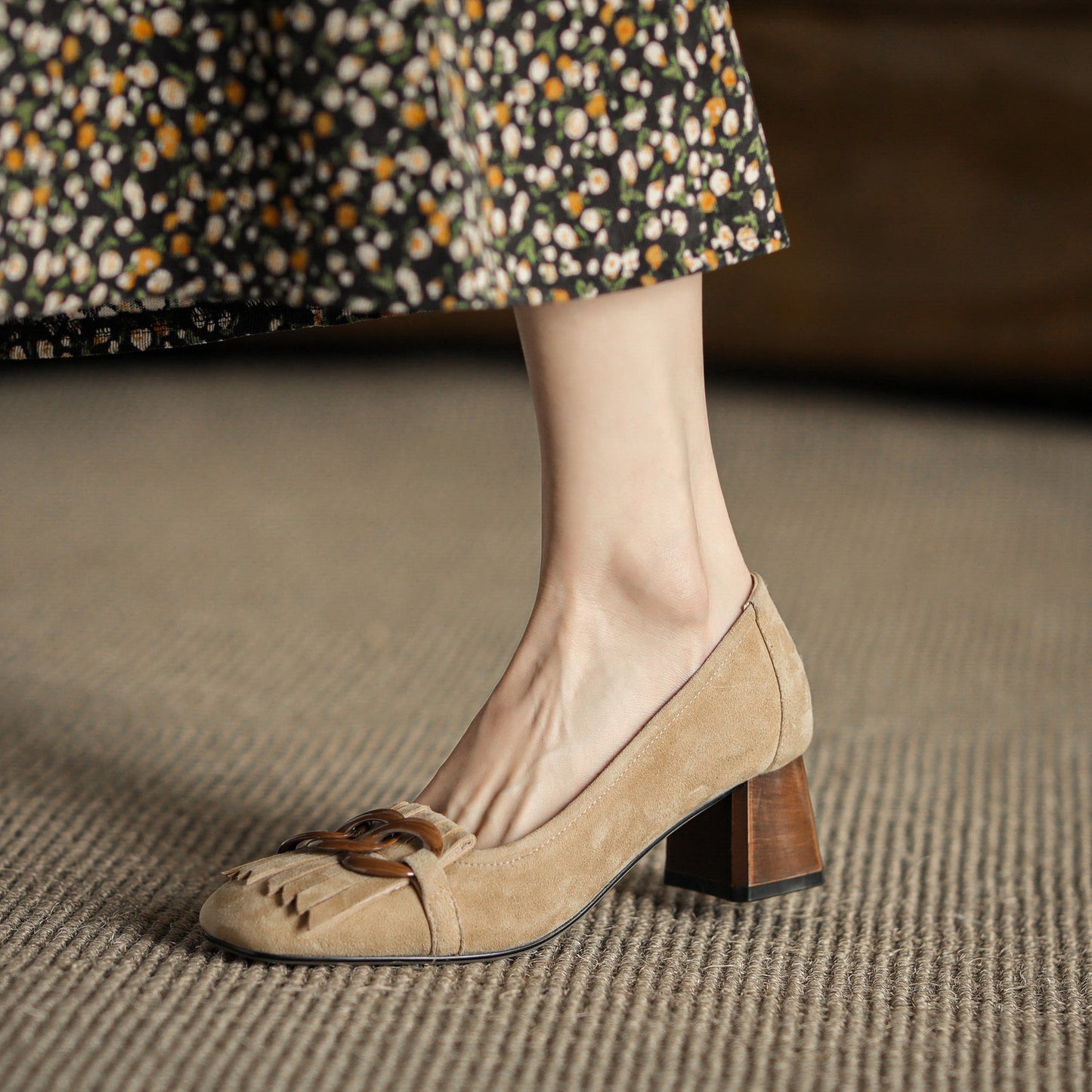 Elegant Women's Suede Leather Pumps – Mid Block Heel with Tassel & Chain