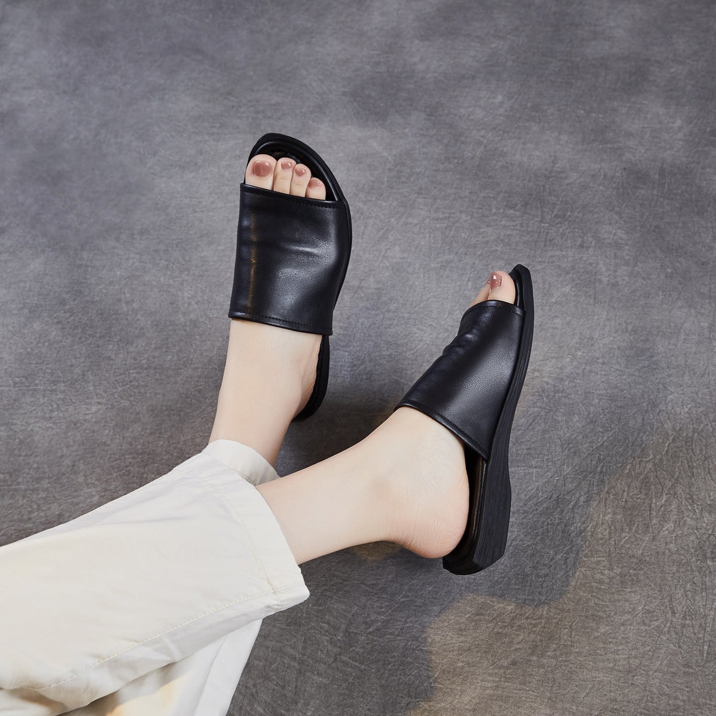 Women's Open Toe Leather Ruched Mules - Zen Style Cowhide Summer Slides