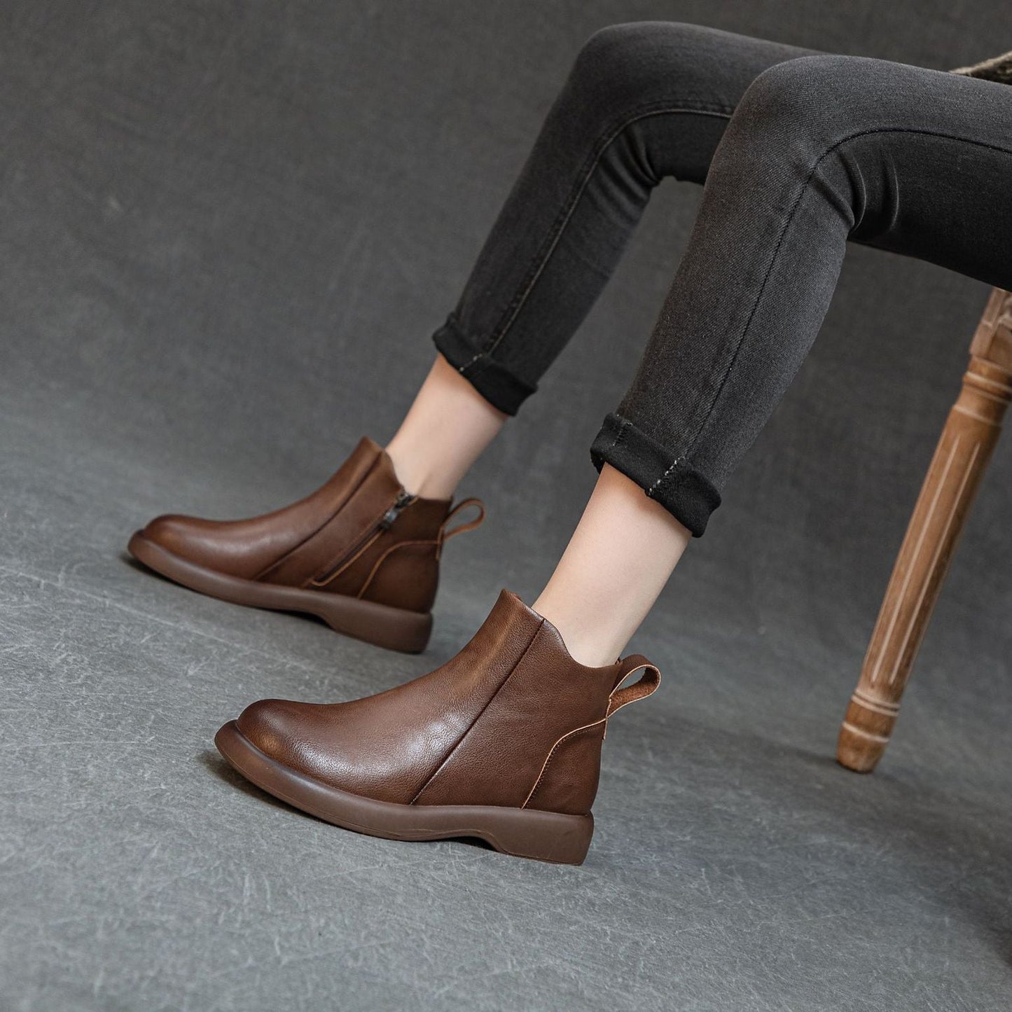 Women's Comfortable Leather Ankle Boots – Low Heel with Side Zipper