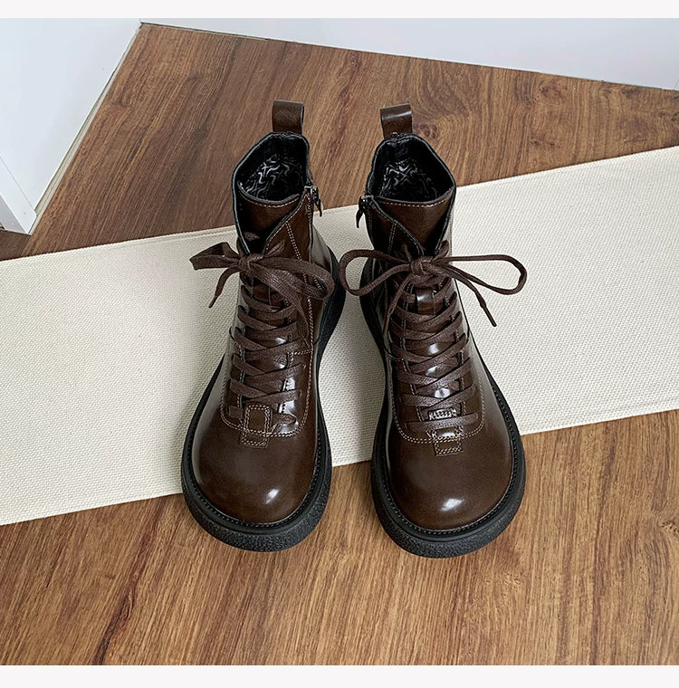 Women's Ankle Boots Lace Up Mid Calf Combat Booties Platform Low Heel