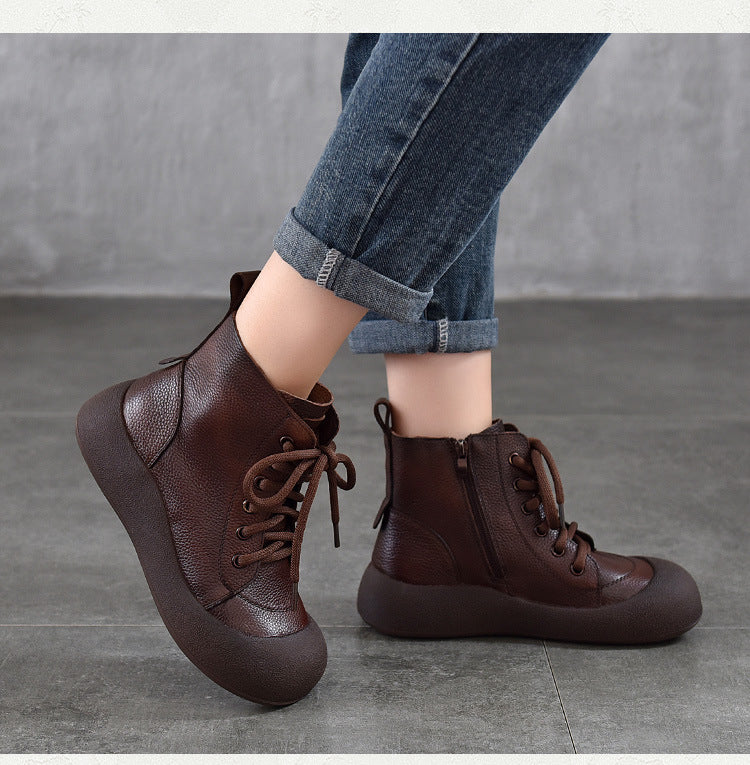 Women's Leather Daily Walking Boots – Lace-Up and Side Zipper