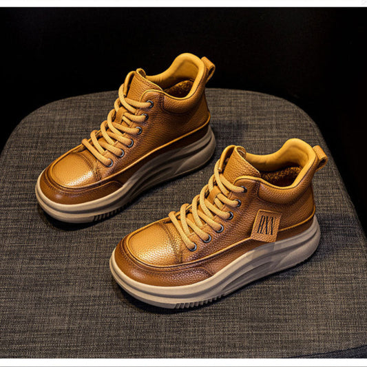 Women's Leather Lace-up Casual Platform Walking Shoes High-top Sneakers