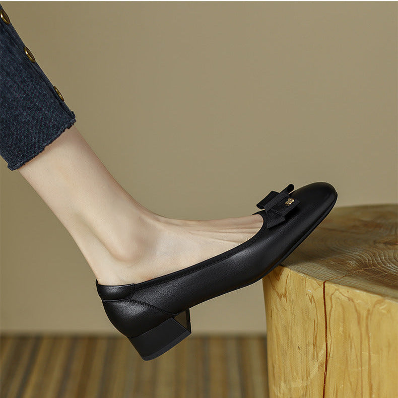 Women's Leather Ballet Flats - Round Toe with Elegant Bow Detail