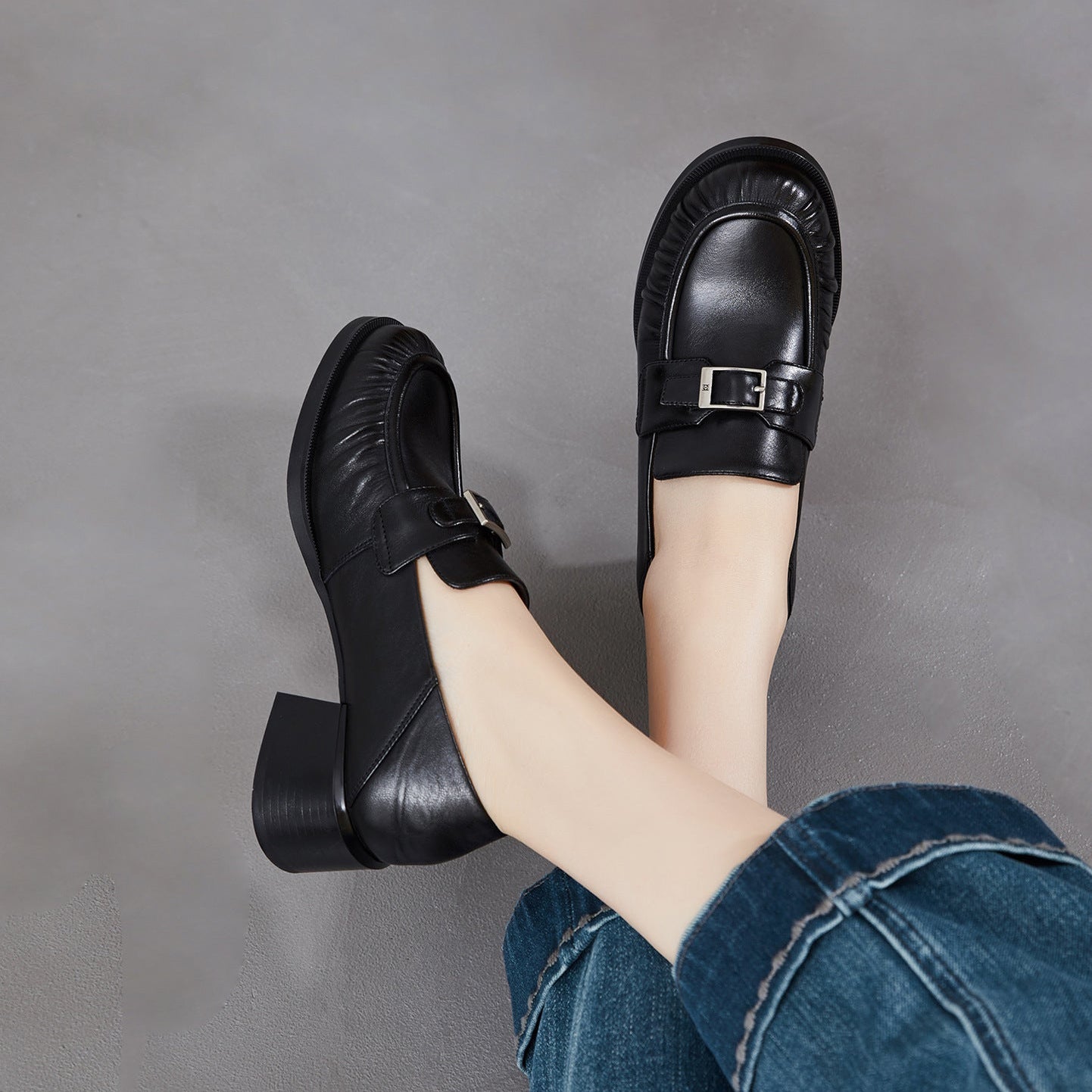 Women's Sheepskin Loafers - Ruched Leather Buckle Block Heel