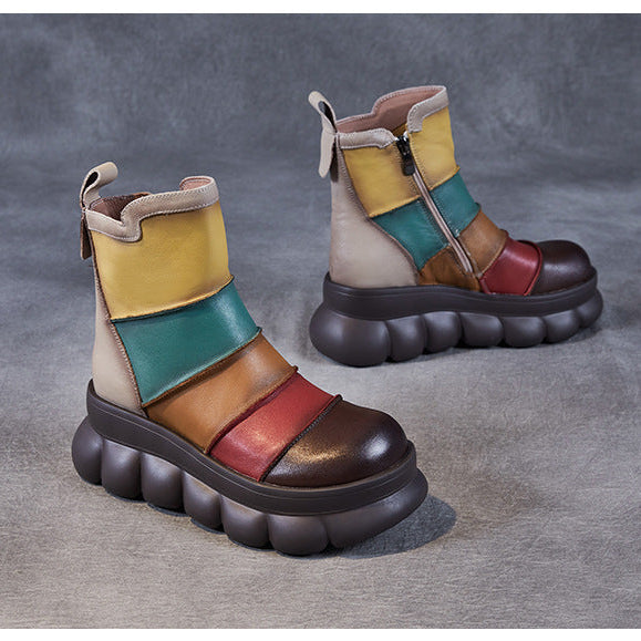 Women's Rainbow Avant-Garde Color-Block Platform Boots Leather Zipper Closure