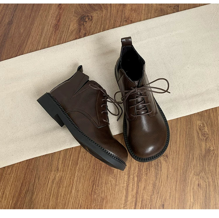 Women's Vegan Leather Ankle Boots Lace Up Casual Low Heel Booties Comfortable Walking Shoes