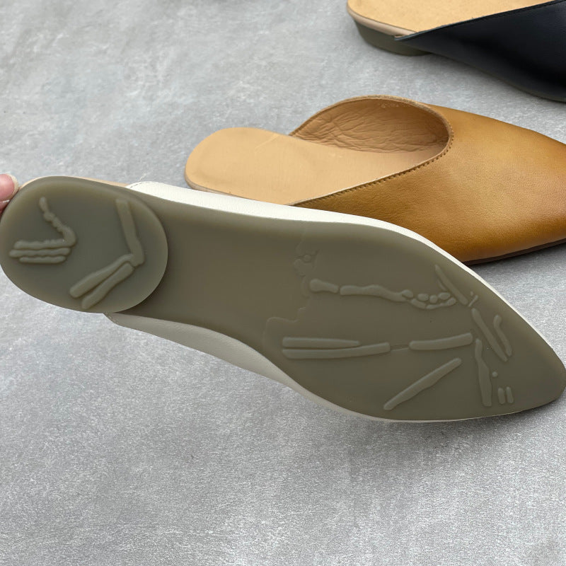 Women's Pointed Toe Leather V-Cut Mules - Unlined Minimalist Flat Slides