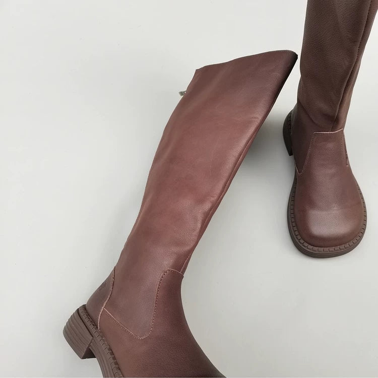 Women's Wide Toe Box Genuine Leather Knee High Boots British Style Riding Boots