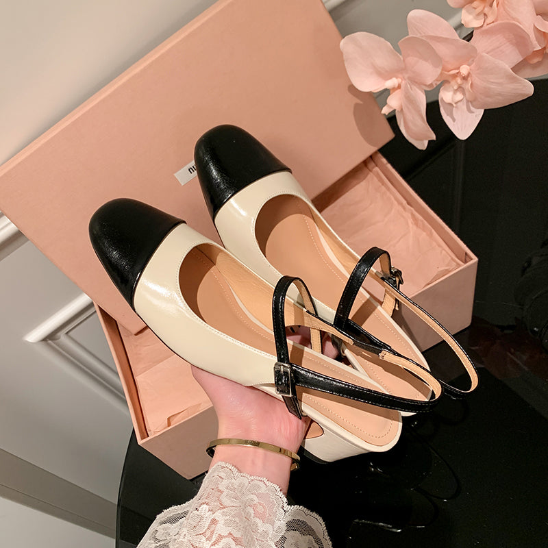 Women's Elegant French Patchwork Slip On Closed Toe Mid Heel Sandals
