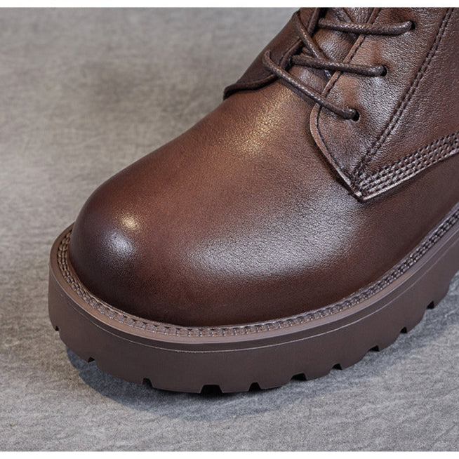 Women's Genuine Leather Casual Combat Boots with Side Zipper Closure