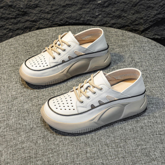 Women's Leather Thick Sole Breathable Hollow Out Tennis Shoes Summer Sneakers