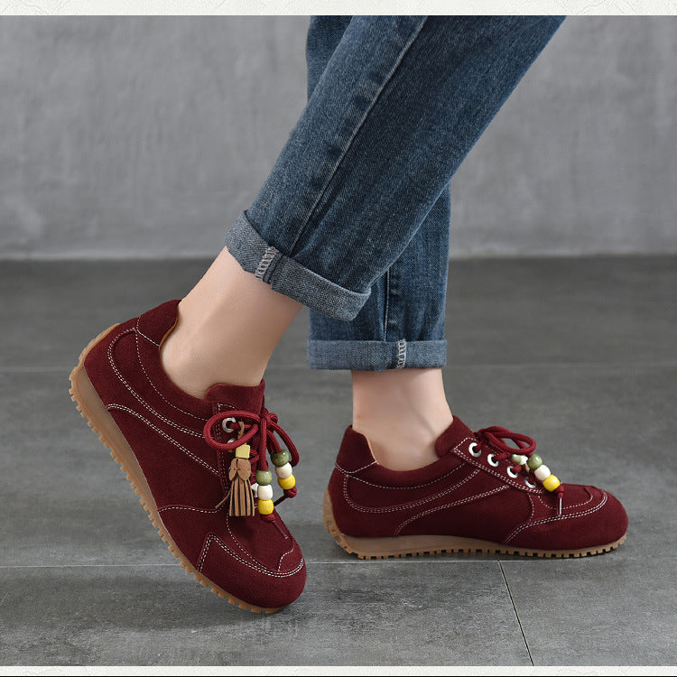 Women’s Spring Retro Beaded Leather Sneakers – Casual Lightweight Shoes