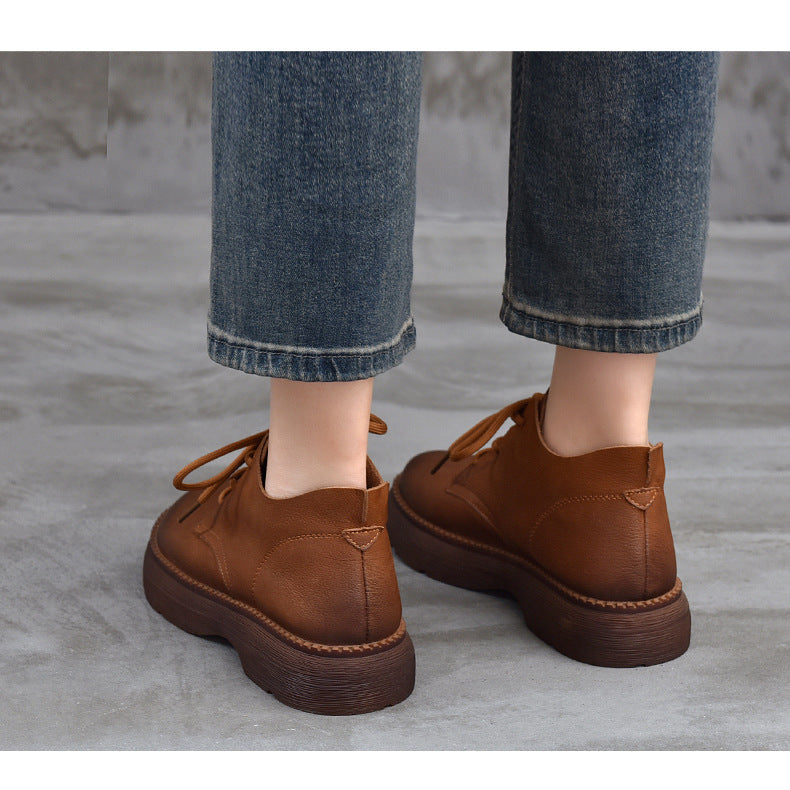 Women's Leather Platform High-Top Shoes – Round Toe Lace-Up Casual Style