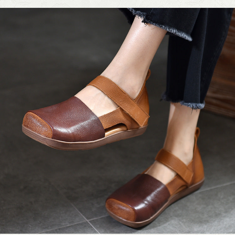 Handmade Leather Sandals - Women's Retro Square Toe Walking Flats with Velcro Strap