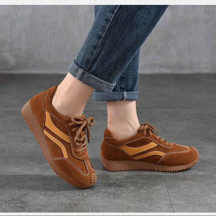 Women’s Spring Retro Leather Trainers – Soft Sole Lace-Up Casual Sneakers