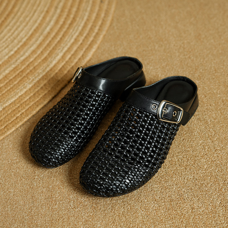 Women's Hollow Out Leather Low Heel Buckle Summer Mule Sandals