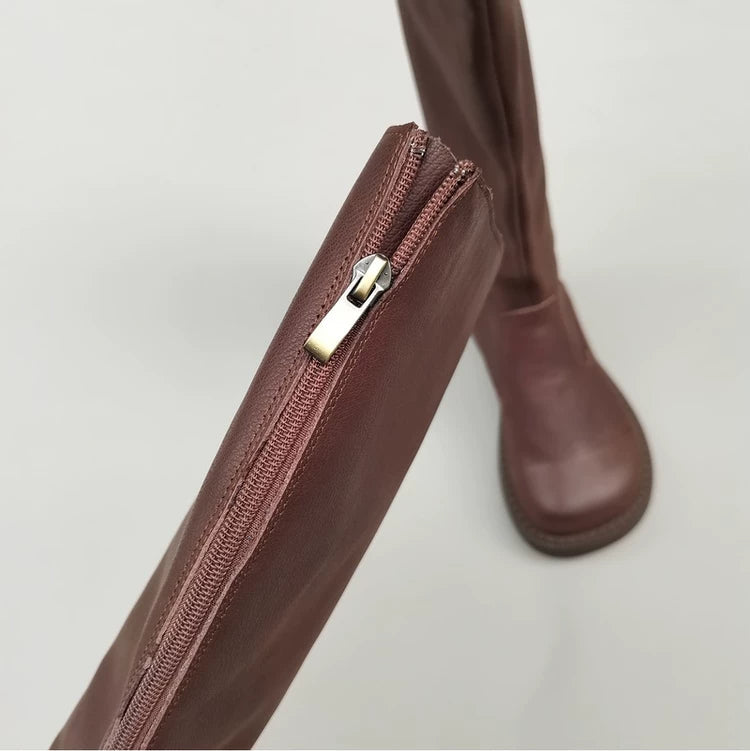 Women's Wide Toe Box Genuine Leather Knee High Boots British Style Riding Boots