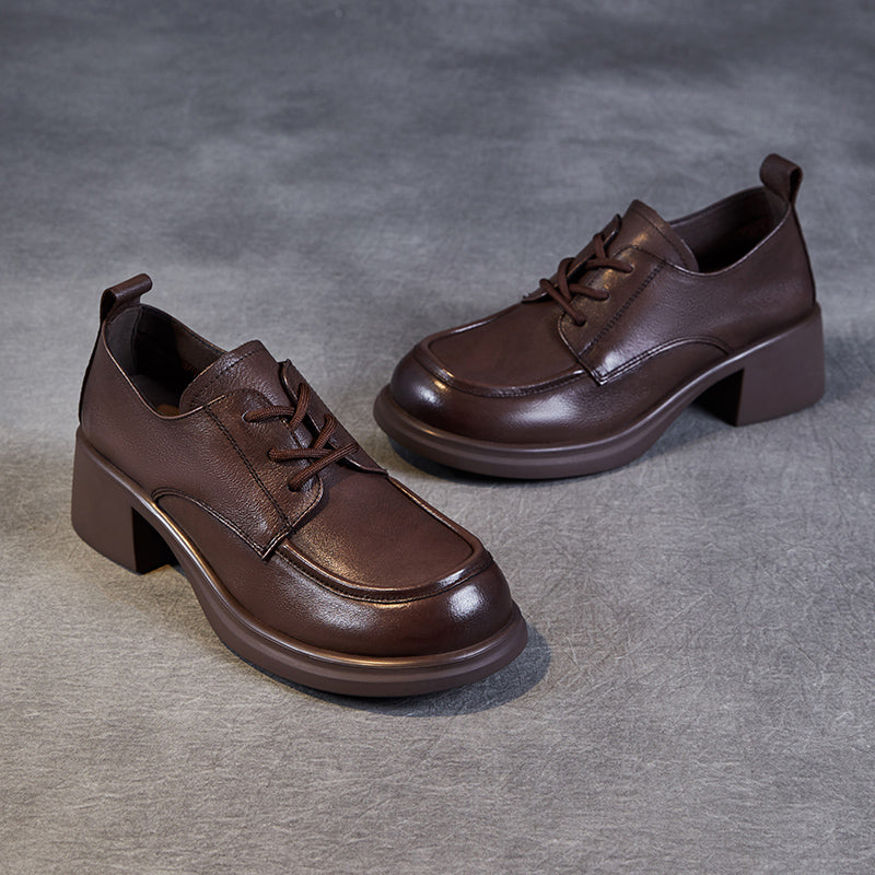 Women's Leather Comfortable Low Heel Block Oxford Shoes