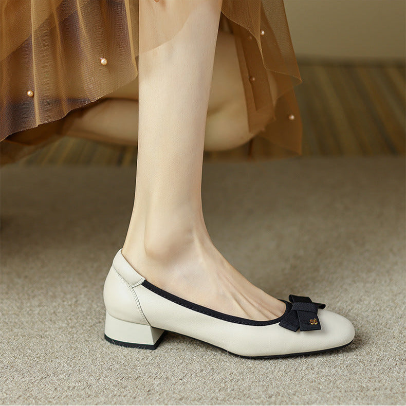 Women's Leather Ballet Flats - Round Toe with Elegant Bow Detail