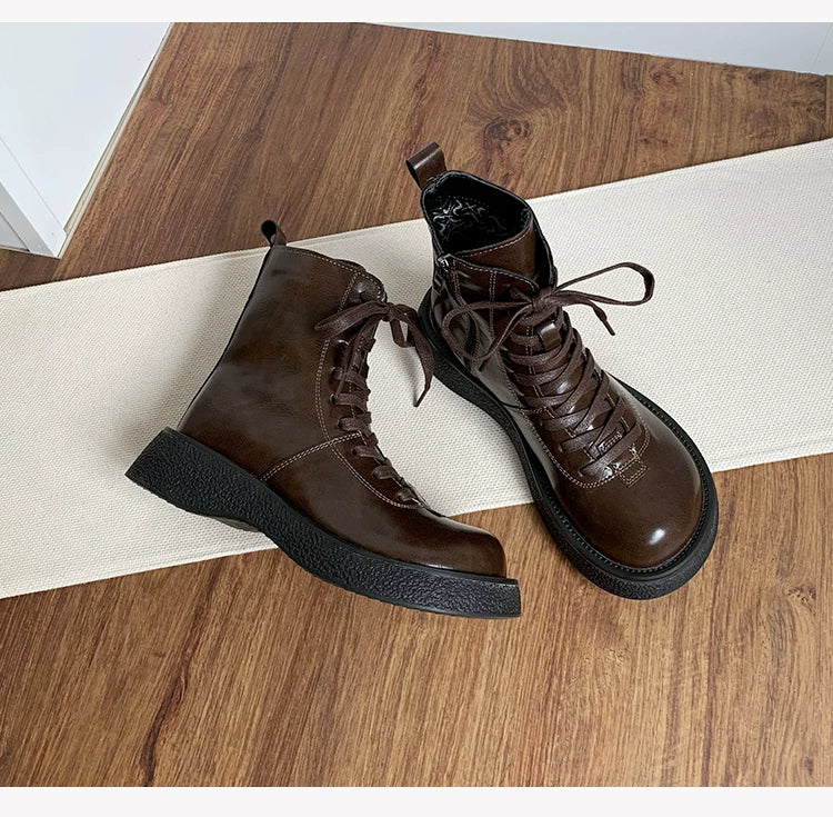 Women's Ankle Boots Lace Up Mid Calf Combat Booties Platform Low Heel