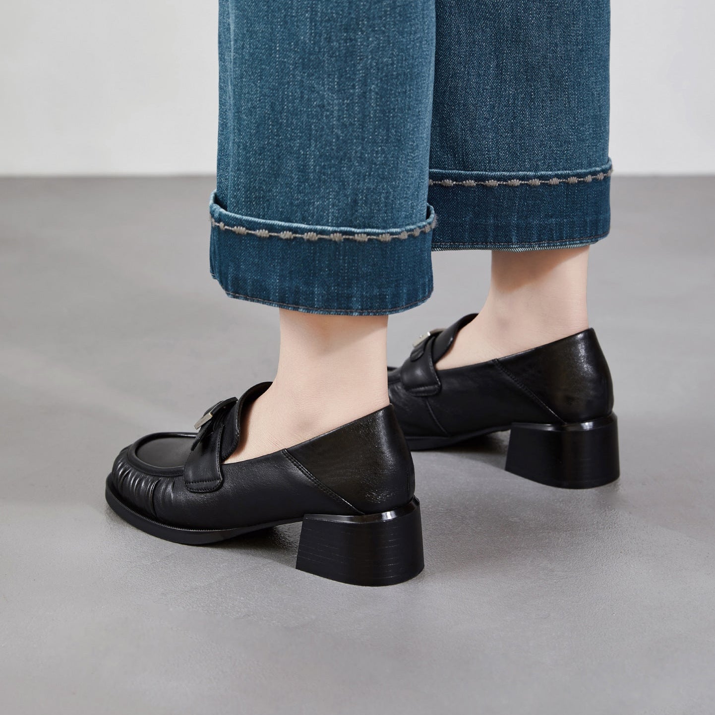 Women's Sheepskin Loafers - Ruched Leather Buckle Block Heel