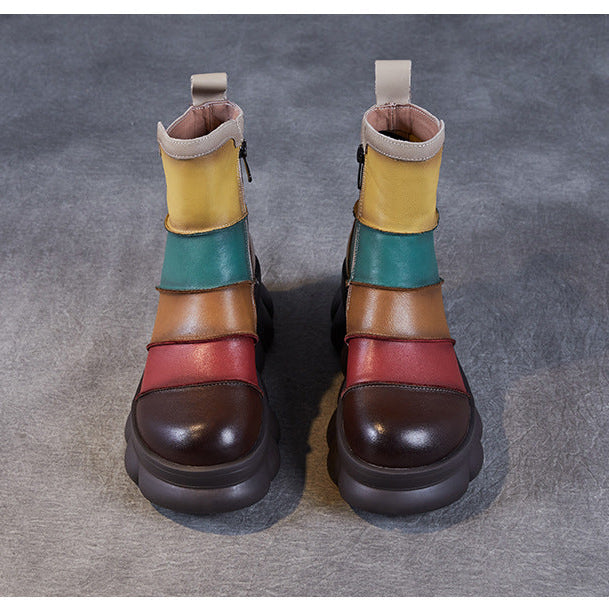 Women's Rainbow Avant-Garde Color-Block Platform Boots Leather Zipper Closure