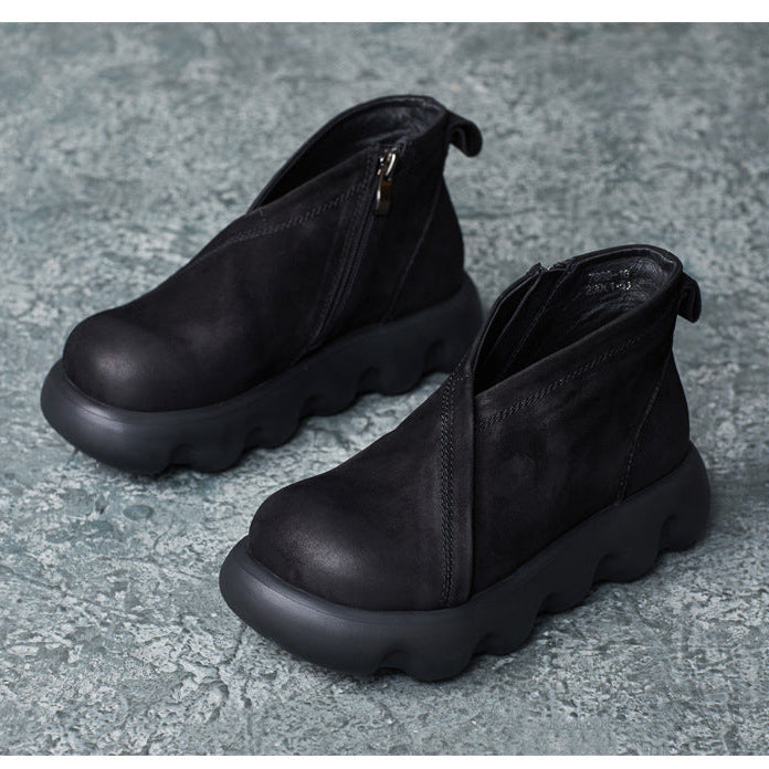 Women's Genuine Leather Platform Ankle Boots – Lightweight Chunky Sole Boots