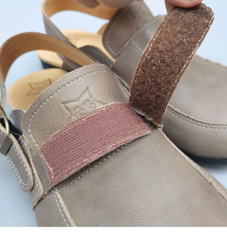Women's Leather Sandals - Vintage Contrast Stitching Flexible Slip-On Mule Slides with Slingback Strap