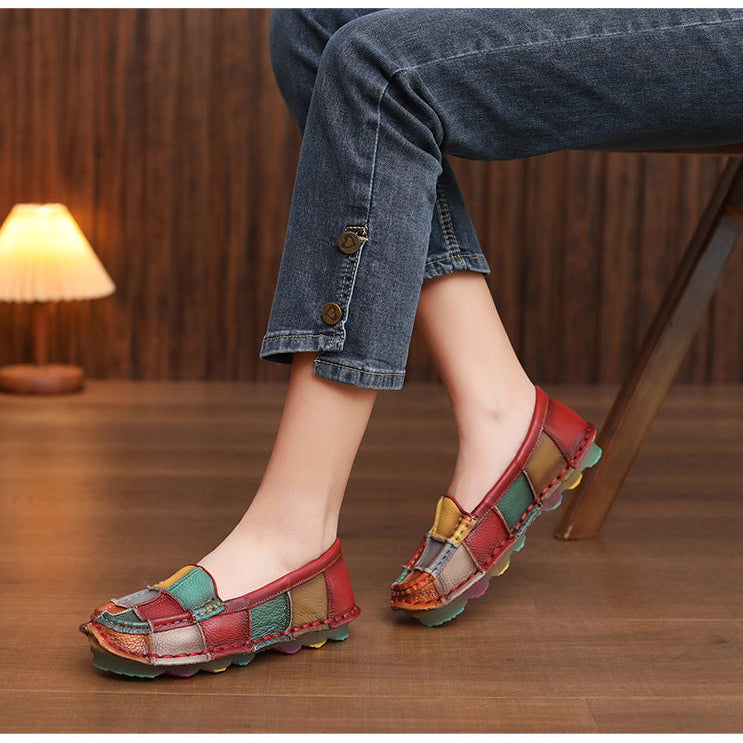 Women‘s Retro Cowhide Loafers Vintage Round Toe Patchwork Slip-on Driving Flats