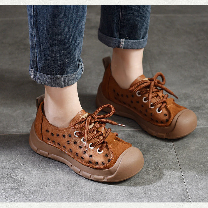 Women's Perforated Cowhide Sneakers - Unlined Summer Leisure Shoes - Thick Sole