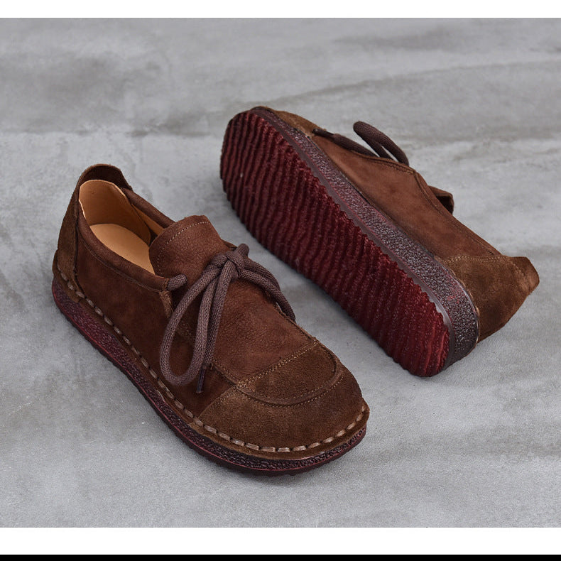Women's Leather Lace-Up Flat Shoes – Comfortable Patchwork Casual Style