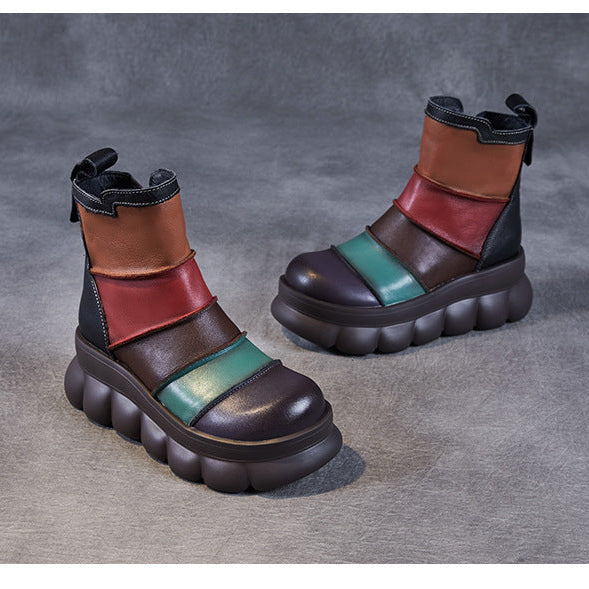 Women's Rainbow Avant-Garde Color-Block Platform Boots Leather Zipper Closure