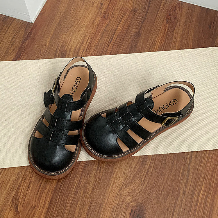 Women's Casual Closed-Toe Flat Roman Sandals with Velcro Straps