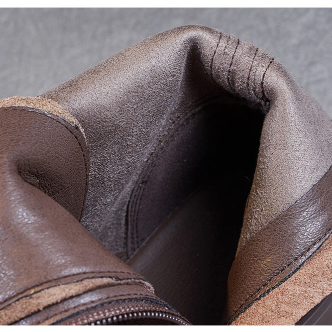 Women's Genuine Leather Casual Combat Boots with Side Zipper Closure