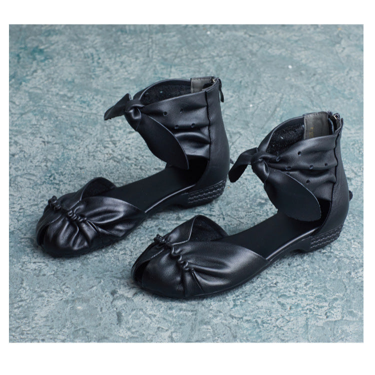 Womens Genuine Leather Handmade Summer Bow Ankle Zipper Sandals