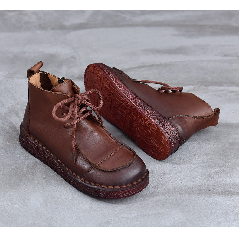 Women's Leather Flat Ankle Boots – Comfortable Casual Lace-Up Zipper Style