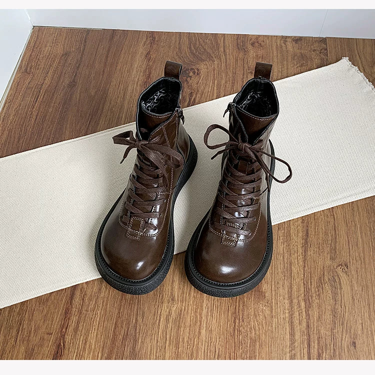 Women's Ankle Boots Lace Up Mid Calf Combat Booties Platform Low Heel