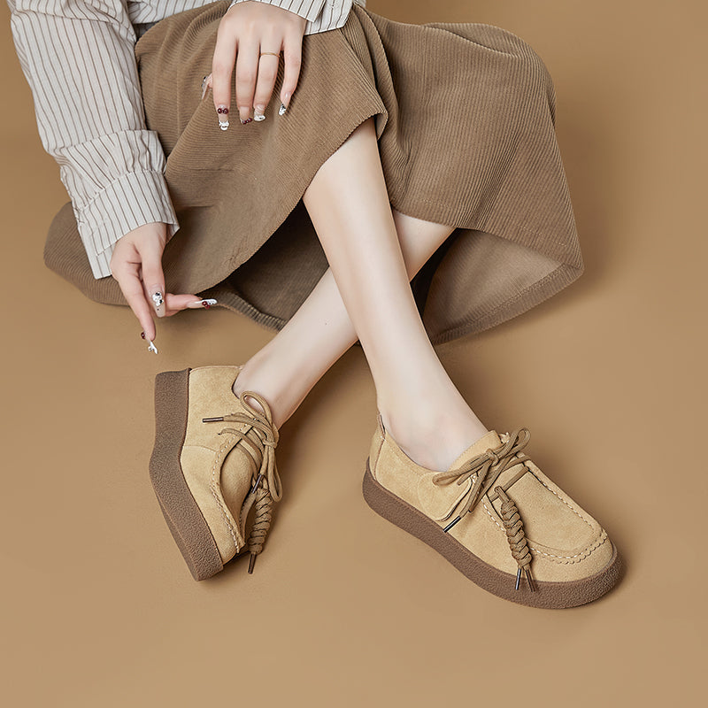Women’s Retro Suede Lace-Up Platform Flats – Casual Everyday Shoes