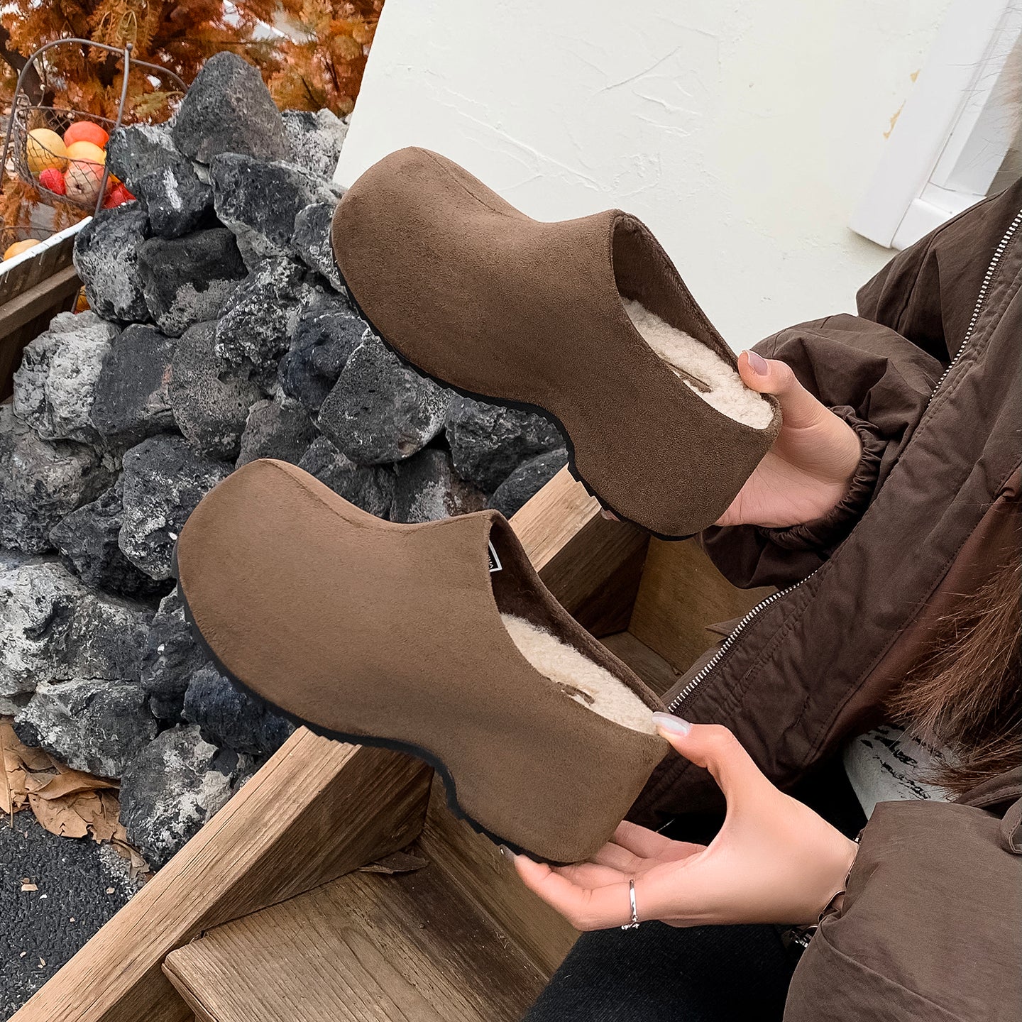 Warm Fur Lined Mules for Women – Winter Platform Slip-On Shoes