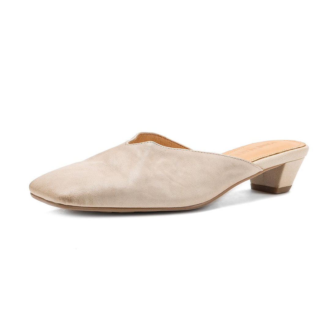 Women's Minimalist Leather V-Neck Mules Mid-Heel - Sophisticated Summer Casual Slip-ons