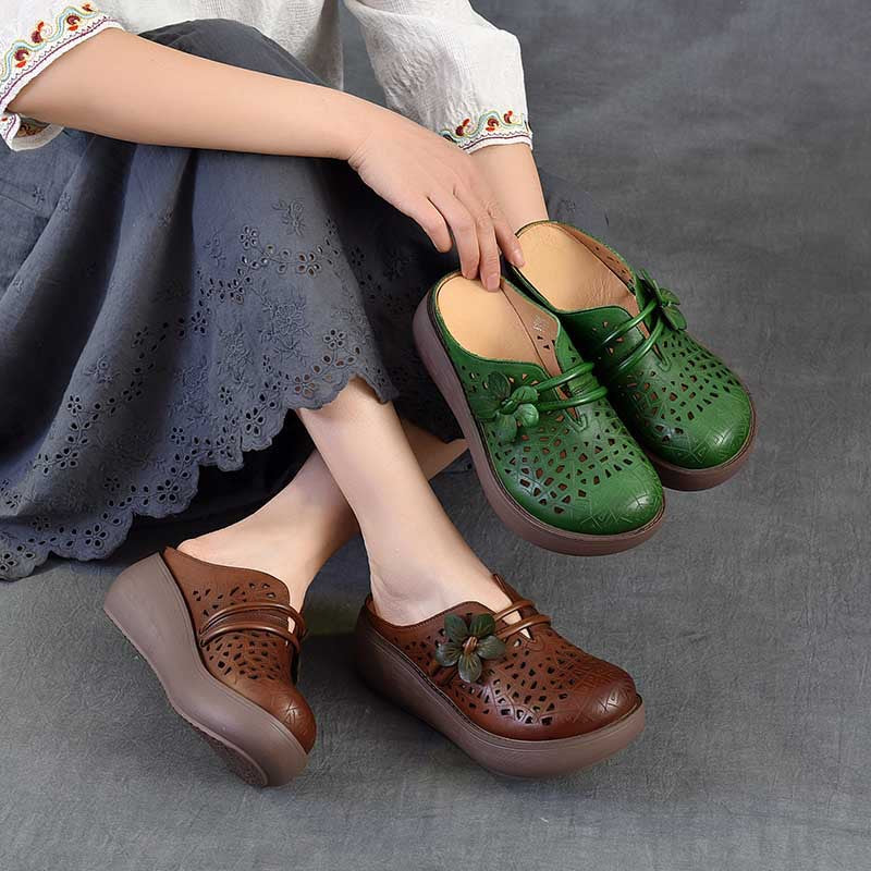 Women's Cowhide Platform Mules - Summer Shoes Breathable Floral Cut-out Sandals