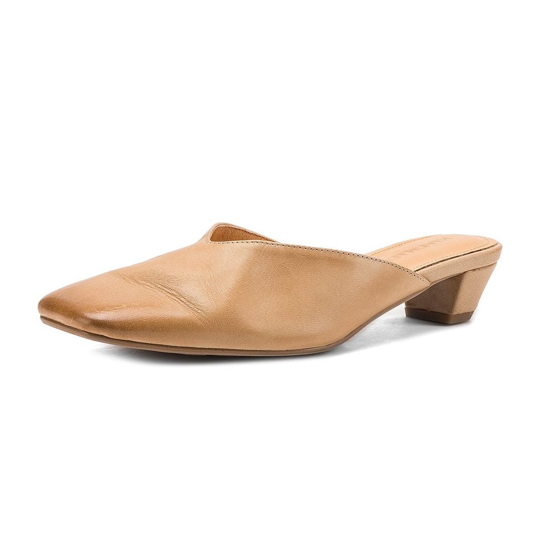 Women's Minimalist Leather V-Neck Mules Mid-Heel - Sophisticated Summer Casual Slip-ons