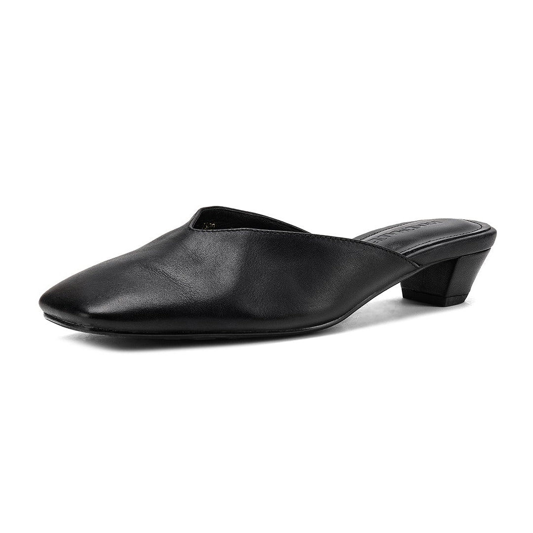 Women's Minimalist Leather V-Neck Mules Mid-Heel - Sophisticated Summer Casual Slip-ons